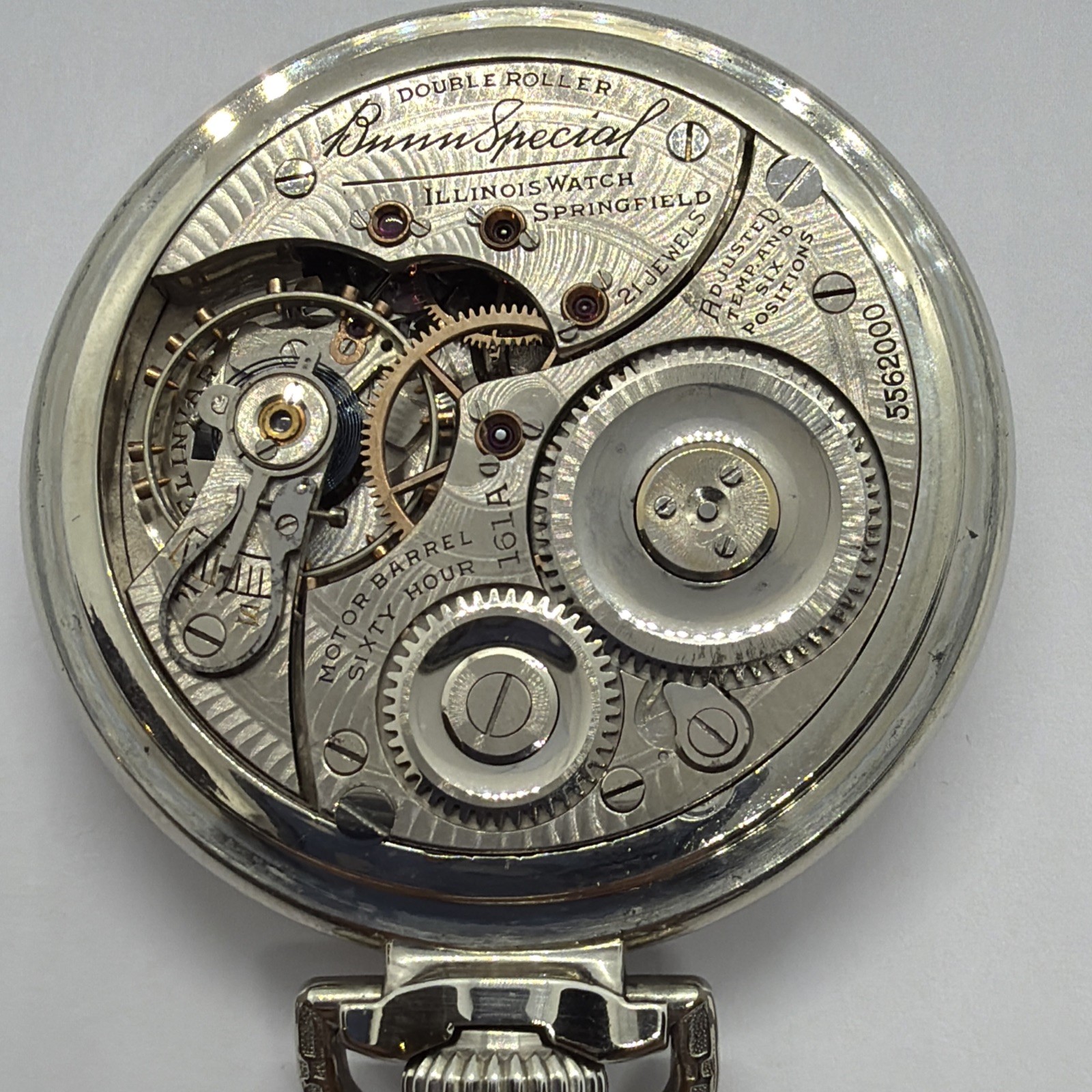 EXCELLENT ILLINOIS 161A ELINVAR 21j 16s BUNN SPECIAL POCKET WATCH 14K WGF 60 HR