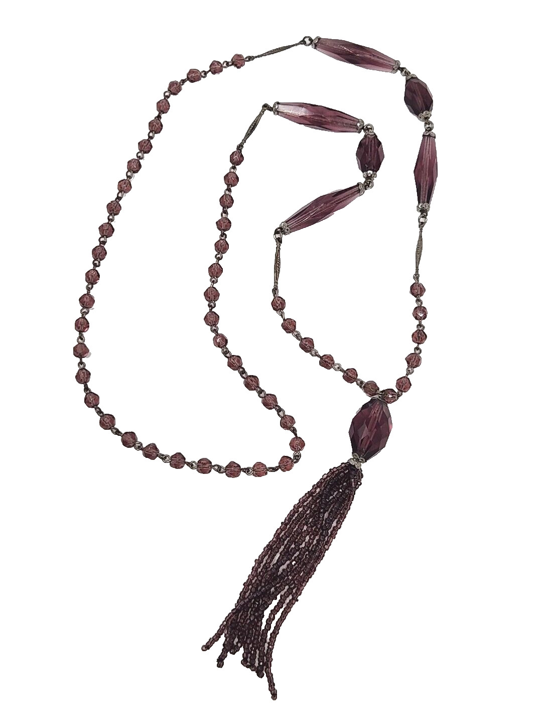 Art Deco Amethyst Purple Faceted Czech Glass Tassel Sautoir Necklace 30 Inch VTG