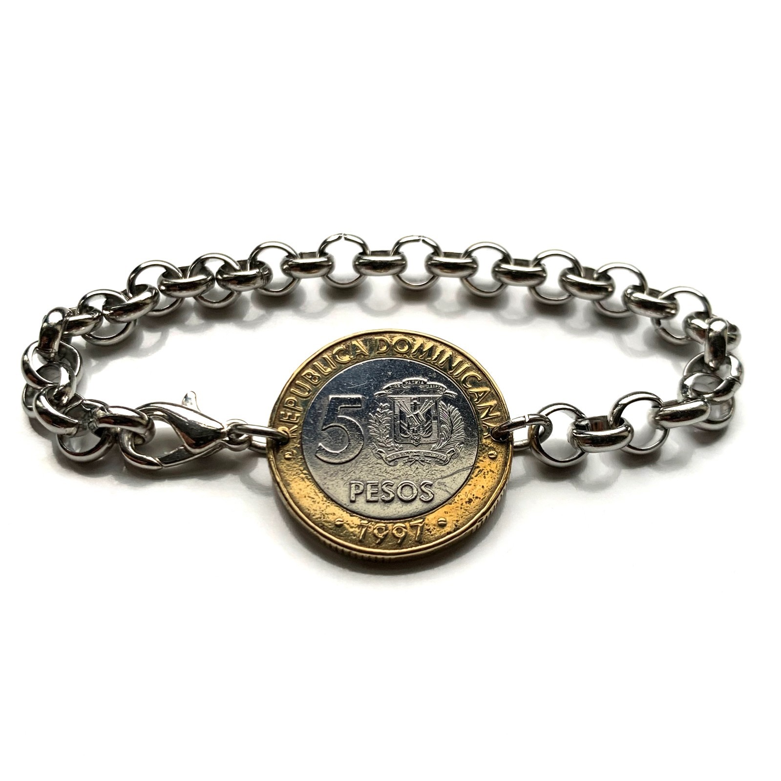 1997 Dominican Republic 5 Peso coin bracelet Santo Domingo Santiago Cibao 000162