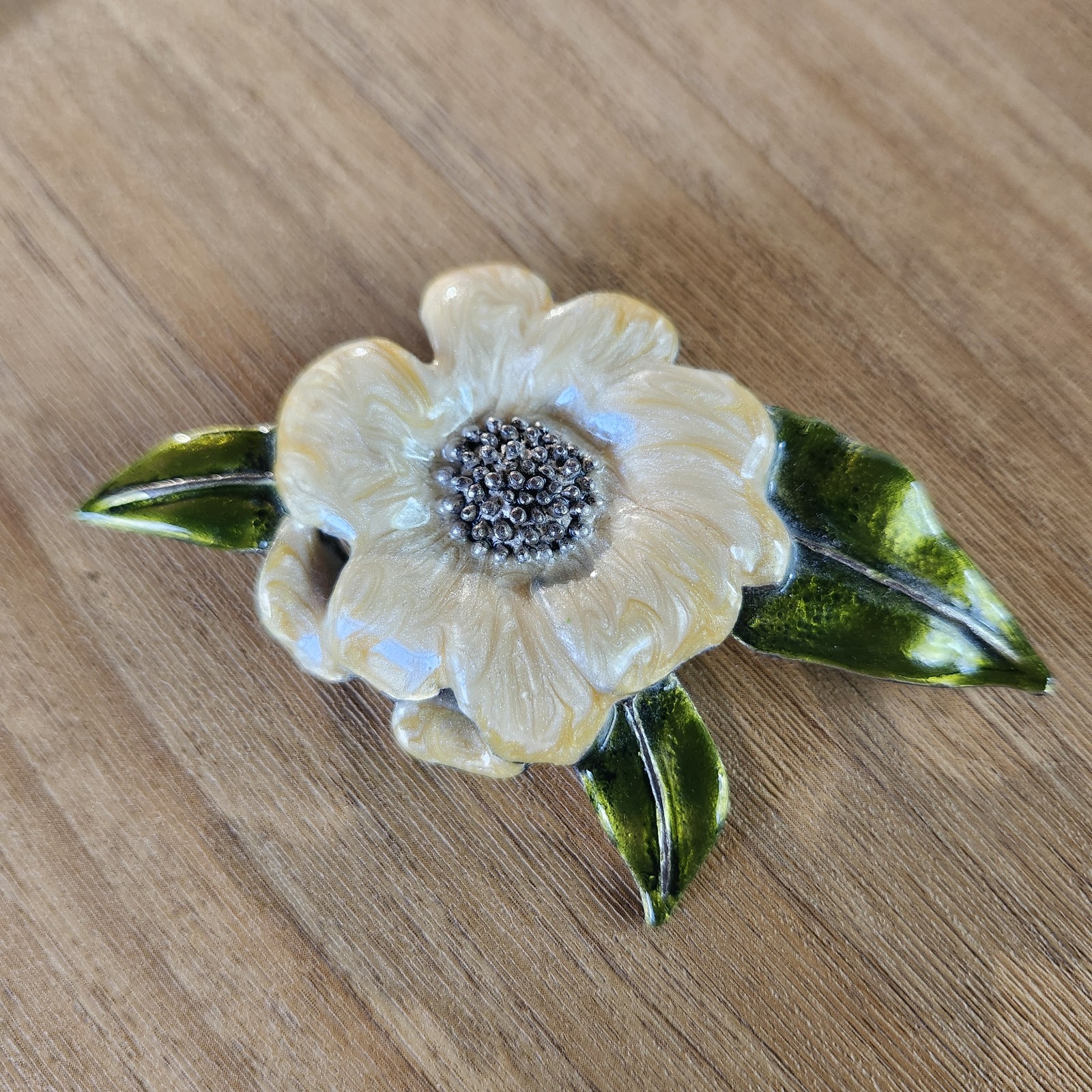 Vtg Yellow Cosmos Floral Flower Enameled Brooch w/ Leaves Heavy