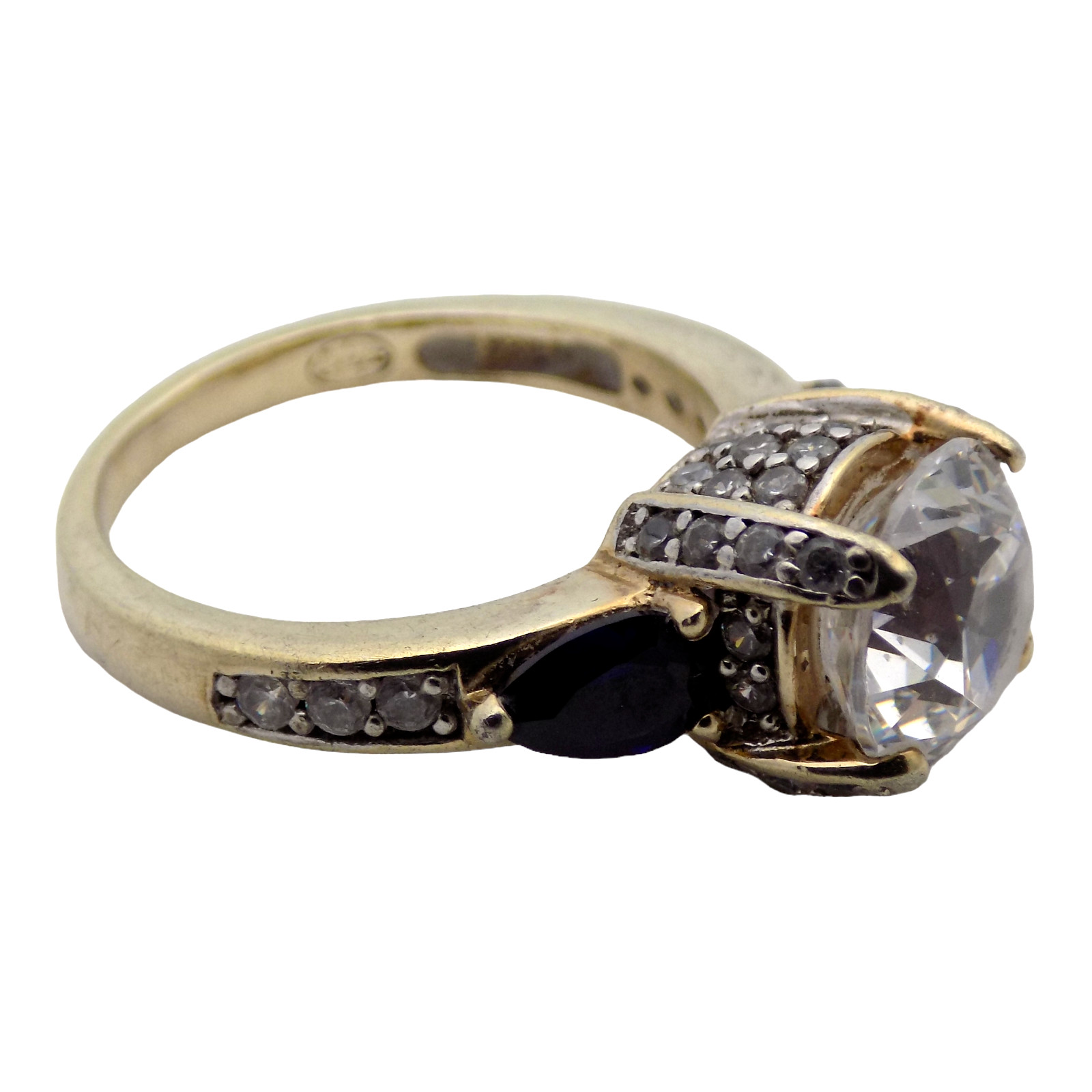 SIGNED STERLING & NATURAL SAPPHIRE & 14MM CZ ENGAGEMENT SIZE:7 RING 5.7GR #3112