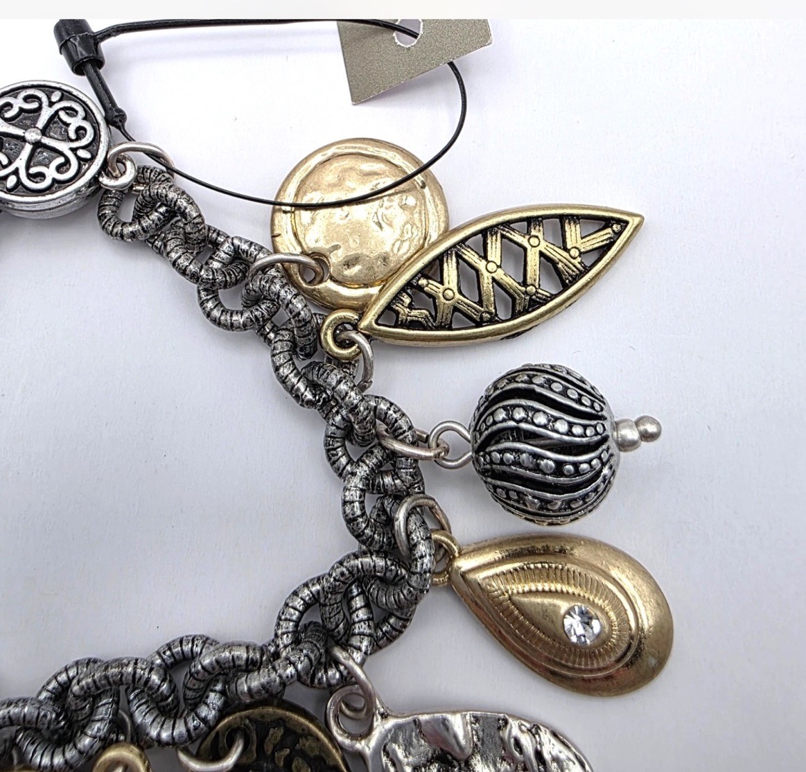 NWT~ Chico’s Charm Bracelet Silver Gold Coin Beads Crystals Magnetic Closure