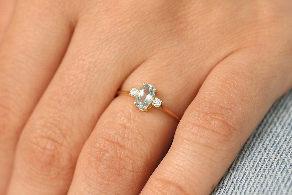 14K 585er Goldring 2 Diamanten 0,07ct Brillanten VS G-H & Aquamarin 0,50ct Edel
