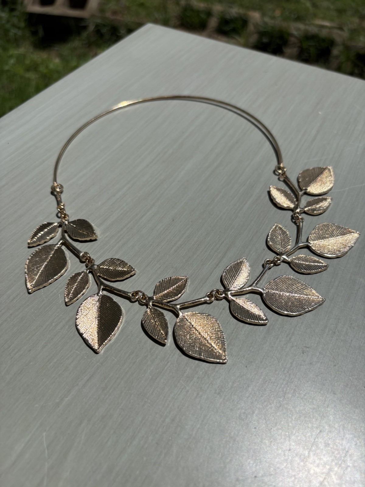 Heavy Gold Tone Leaf Choker Statement Necklace