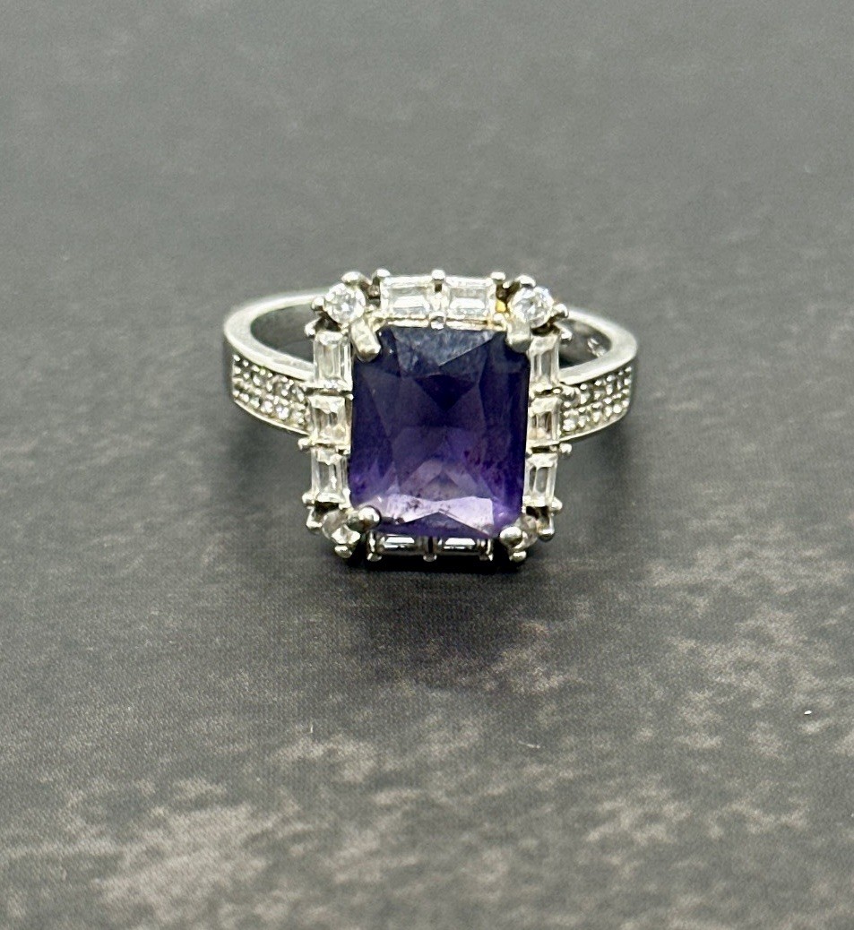 Vintage Purple Emerald Cut Halo Statement Ring Silver Tone Size 9