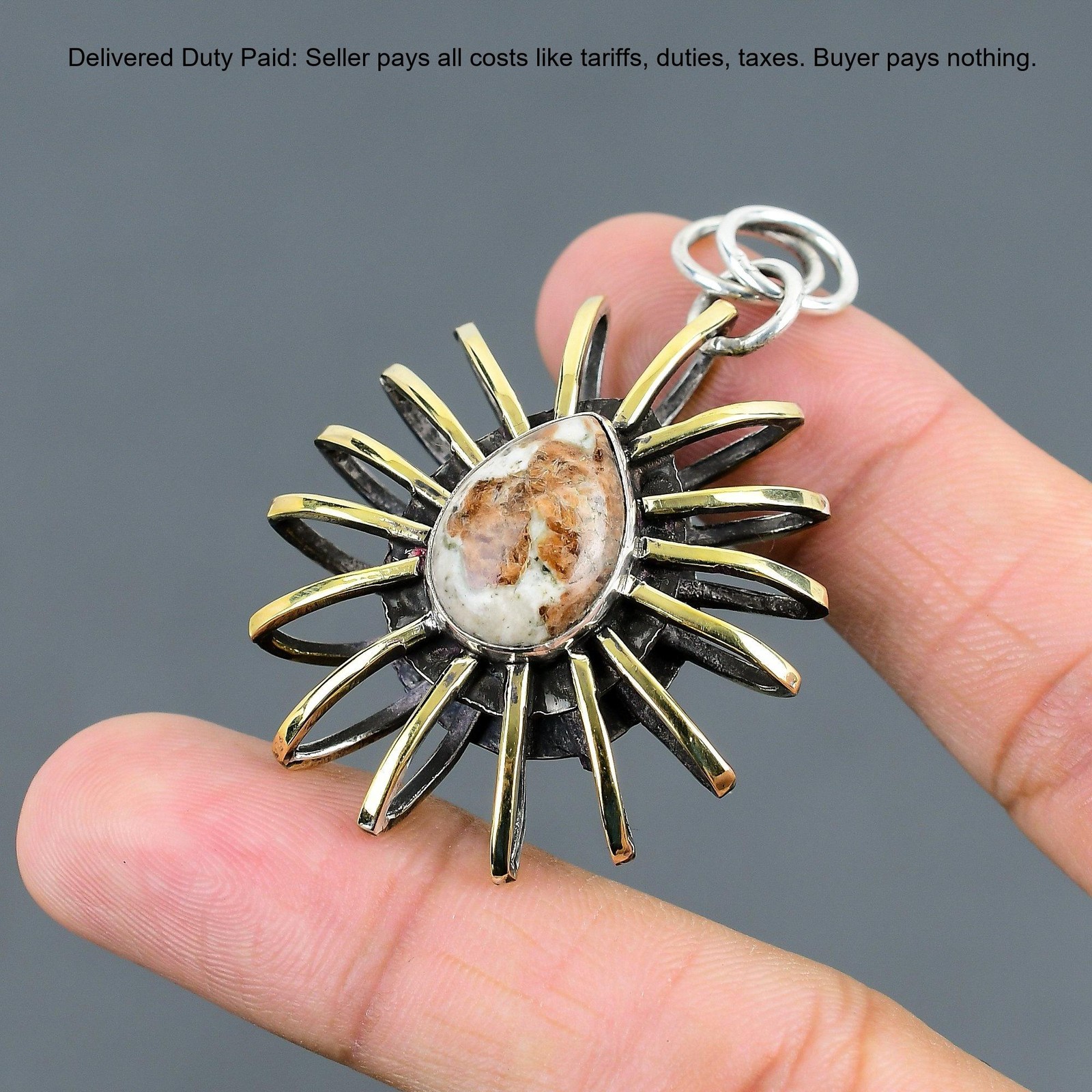 Spessartine Garnet in Limestone Gemstone 925 Silver Cage 18K Gold Plated Pendant