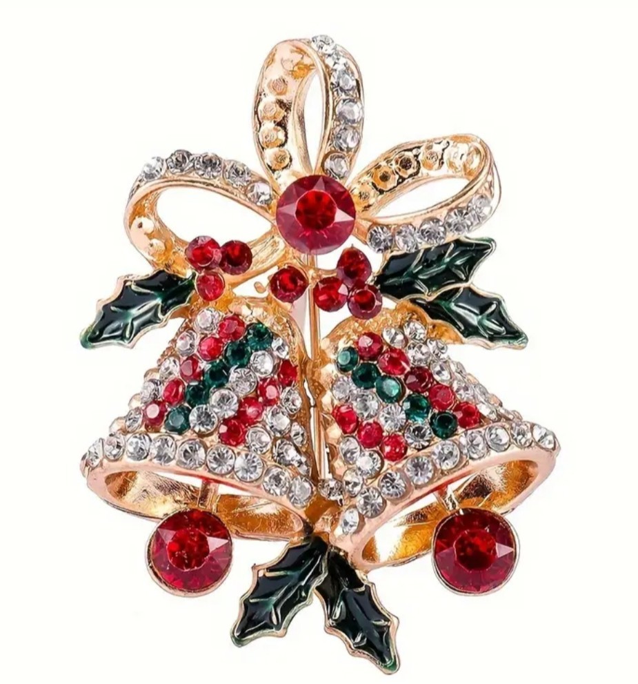 VINTAGE RED & GREEN RHINESTONE GOLD SLEIGH BELLS~CHRISTMAS WINTER PIN BROOCH