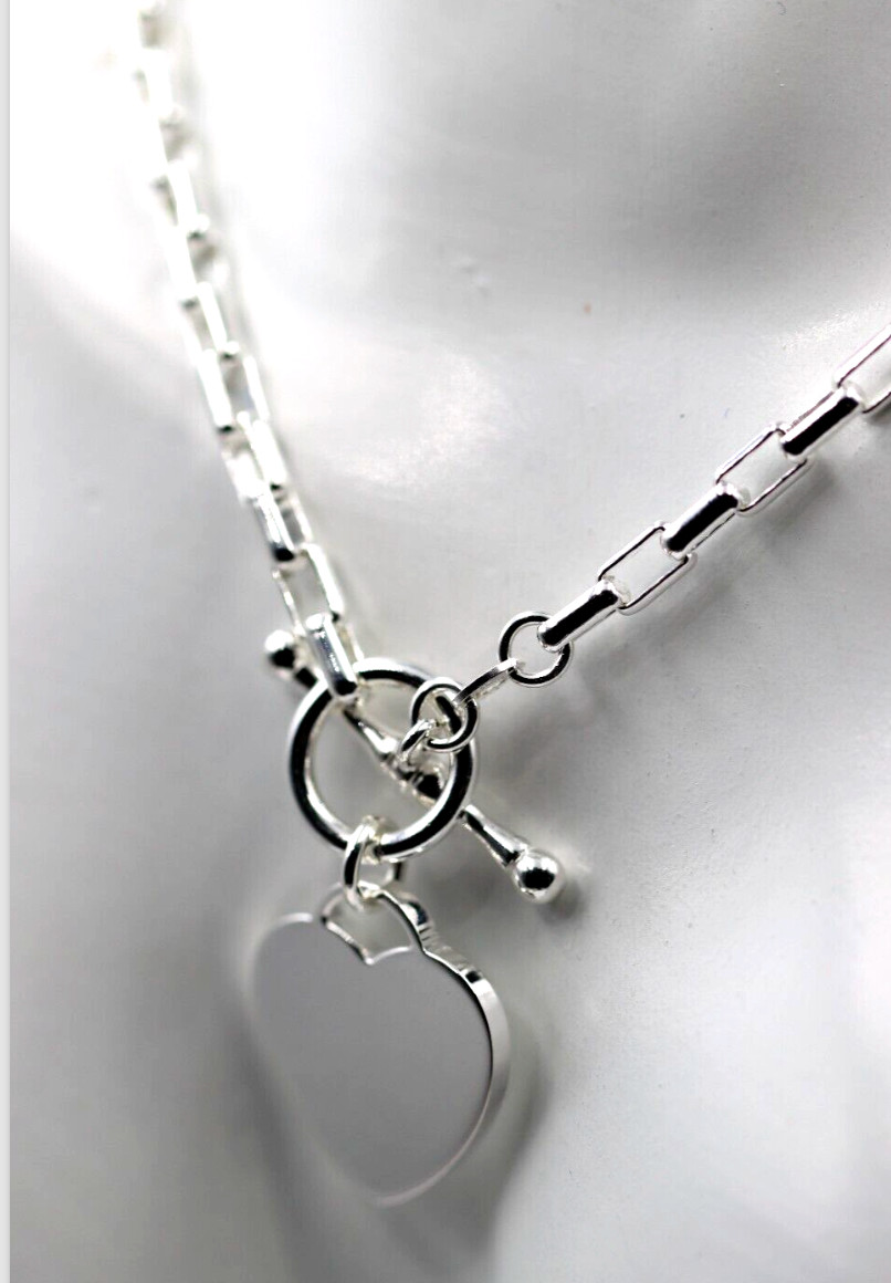 Sterling Silver 925 Cable Link + T-Bar + Heart Necklace 45cm 27.2g- Free Post