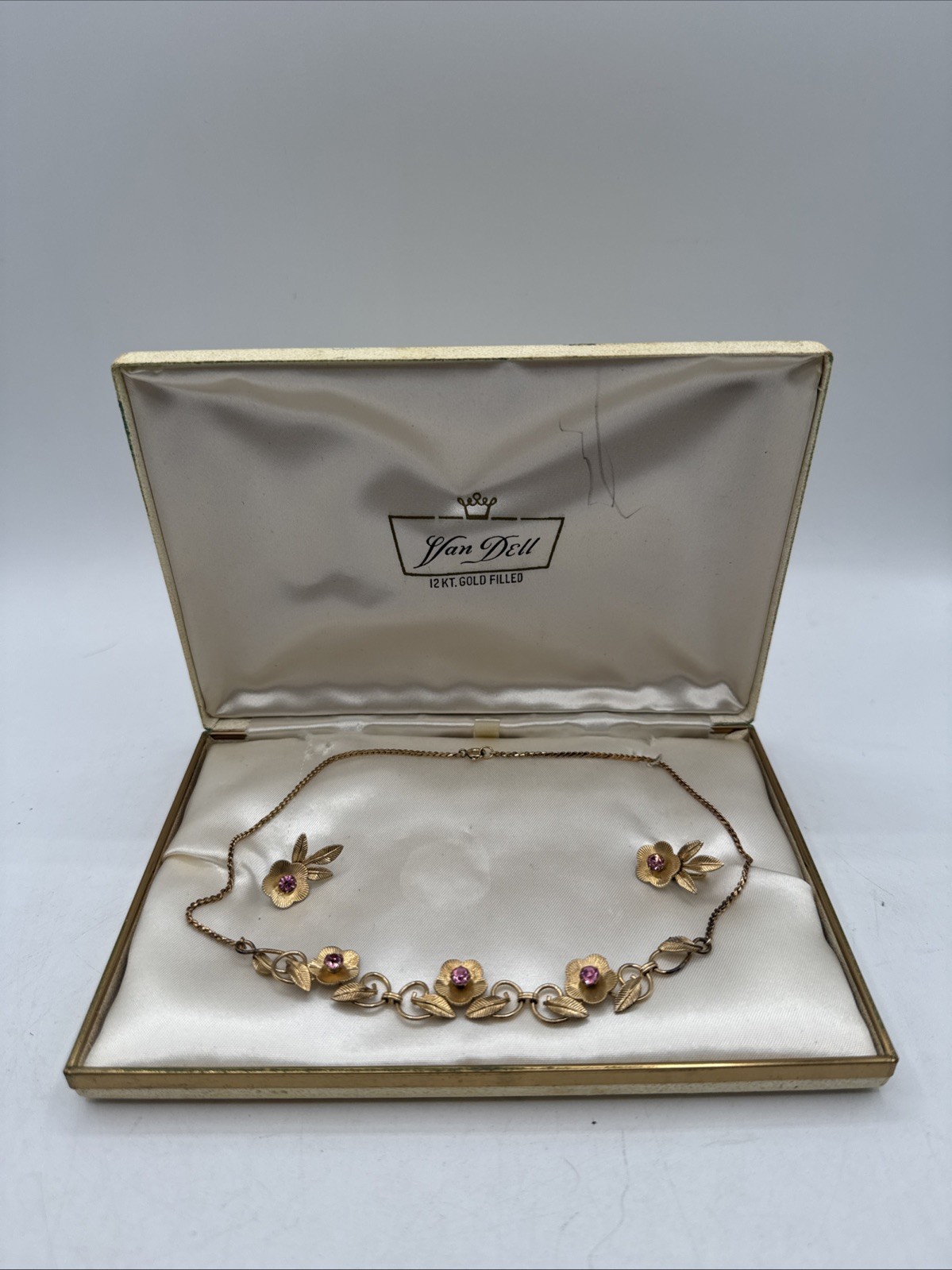 1960’s Van Dell Floral Necklace and Earring Set 12kt Gold Filled W/ Pink Gems