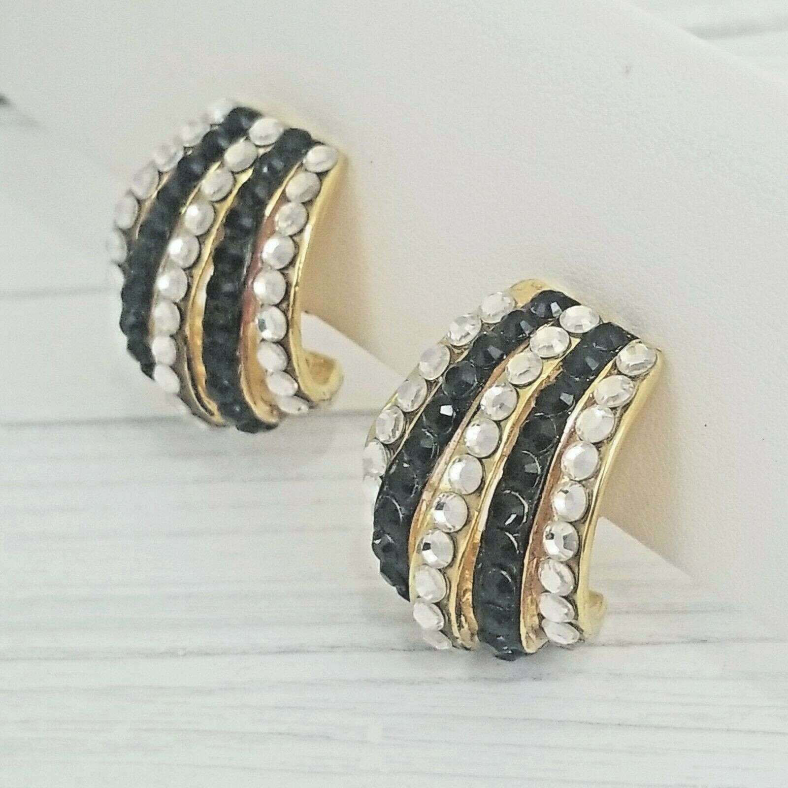 Black Clear Rhinestone Striped Gold Tone Clip On Earrings Statement Well Made