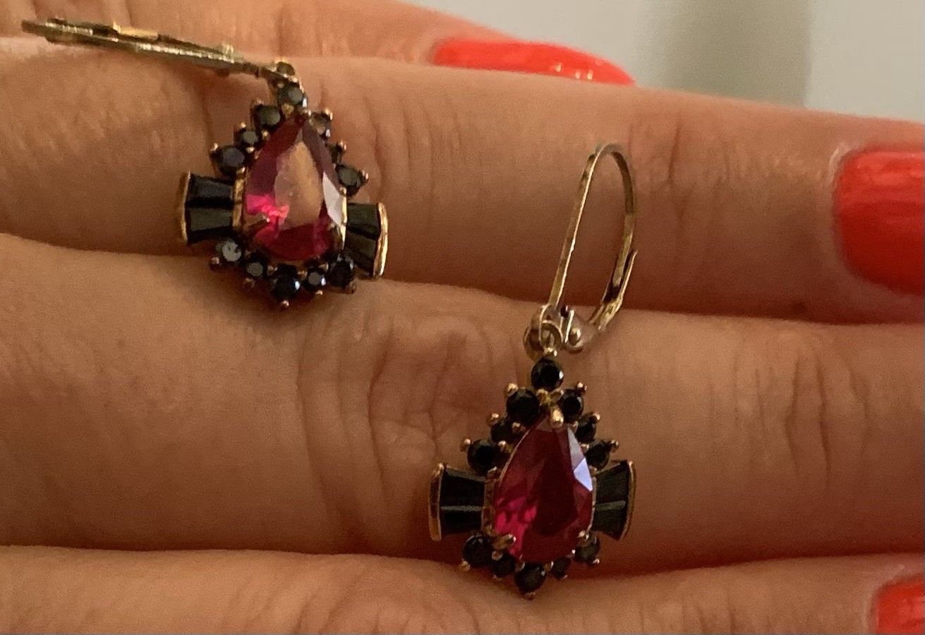 PEAR LAB CREATED RUBY WITH BLACK SPINEL 18K YELLOW GOLD OVER SILVER EARRINGS