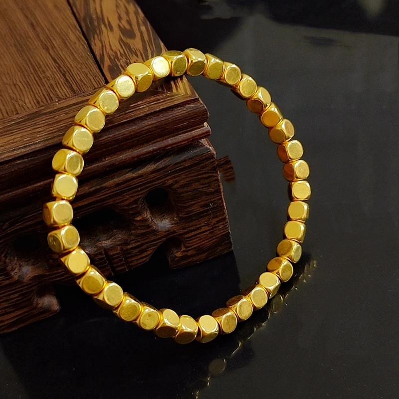 Pure 999 24K Yellow Gold Men Women Lucky 3D 4mm Square Beads Bracelet