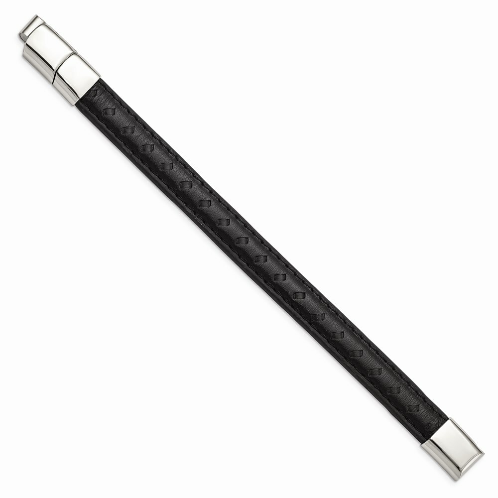 Stainless Steel Polished Black Leather w/.5in ext 7.75in Bracelet