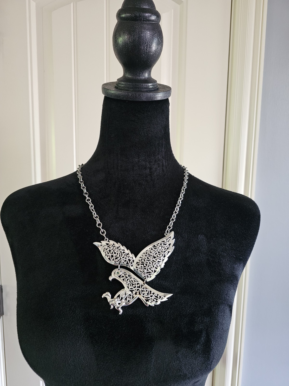 Vintage Gold Crown Signed Silvertone Eagle Statement Necklace Emerald Green Eye
