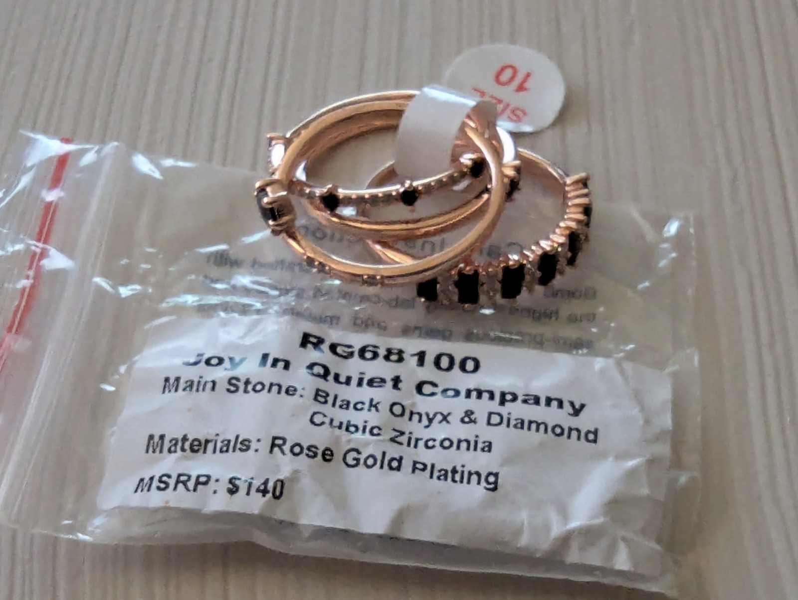 Bomb Party Delicates Sz 10. RG68100. Joy In Quiet Company. Black Onyx. Rose Gold