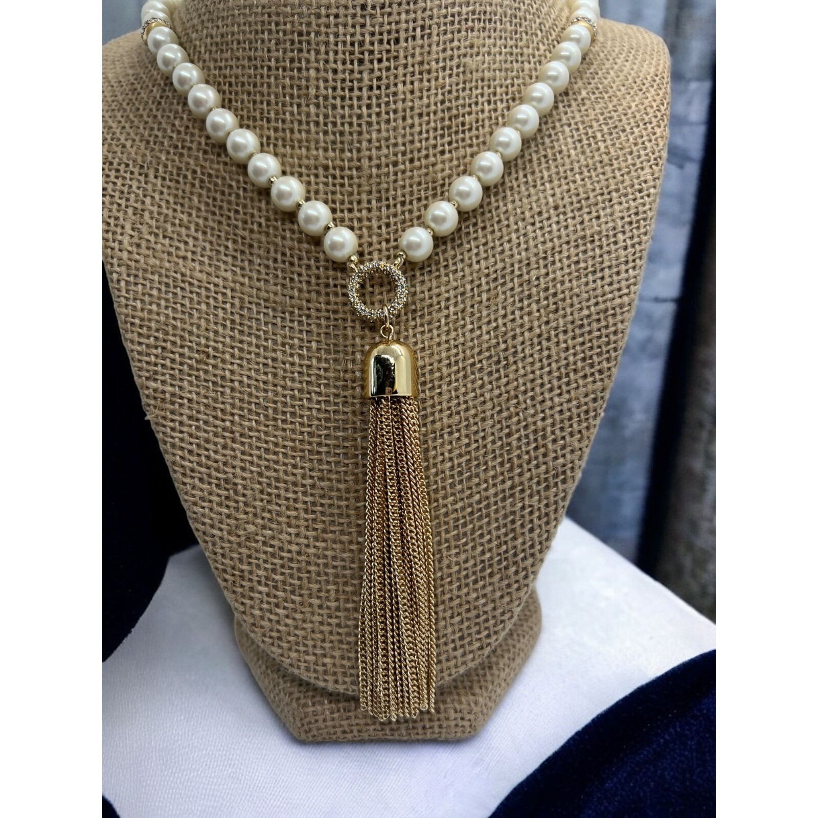 Ann Taylor Gold Tone Faux Pearl Tassel Necklace Clear Rhinestones 29″ Long