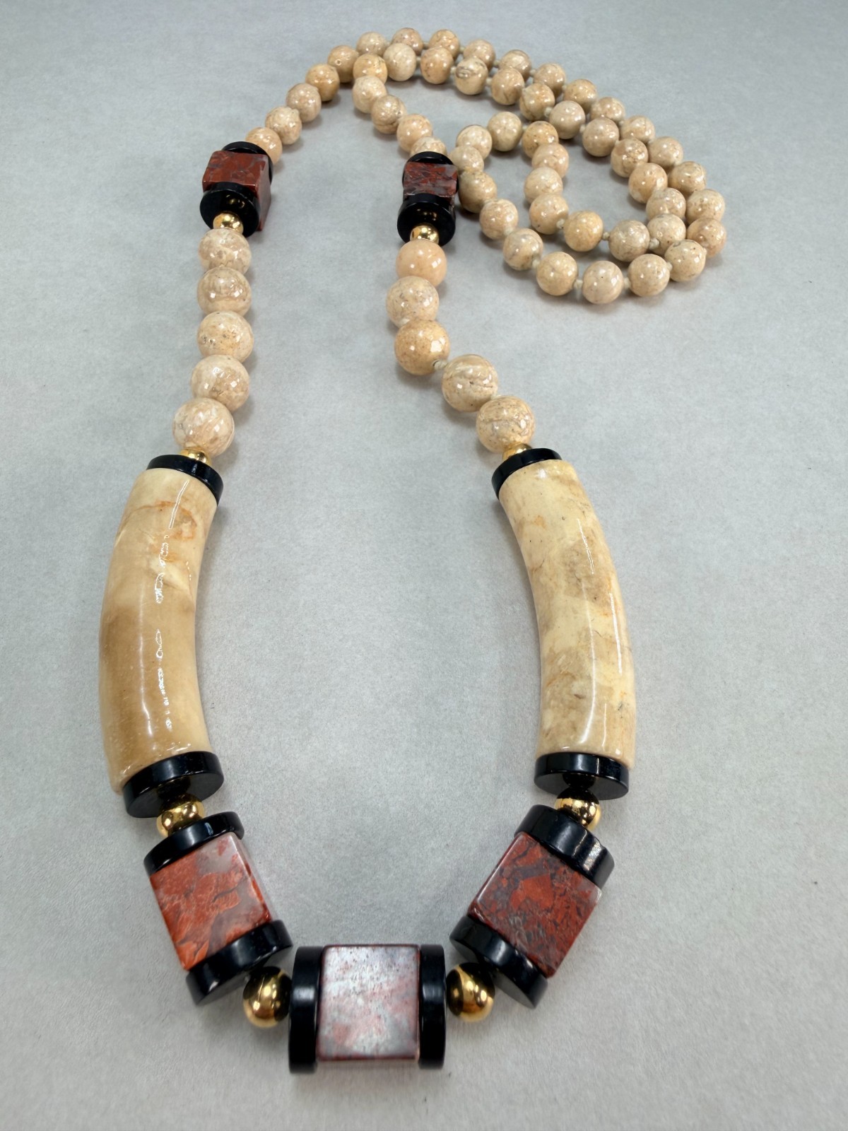 Vintage Ceramic -Jasper Beaded Statement Necklace Black Beige Brown Long Strand