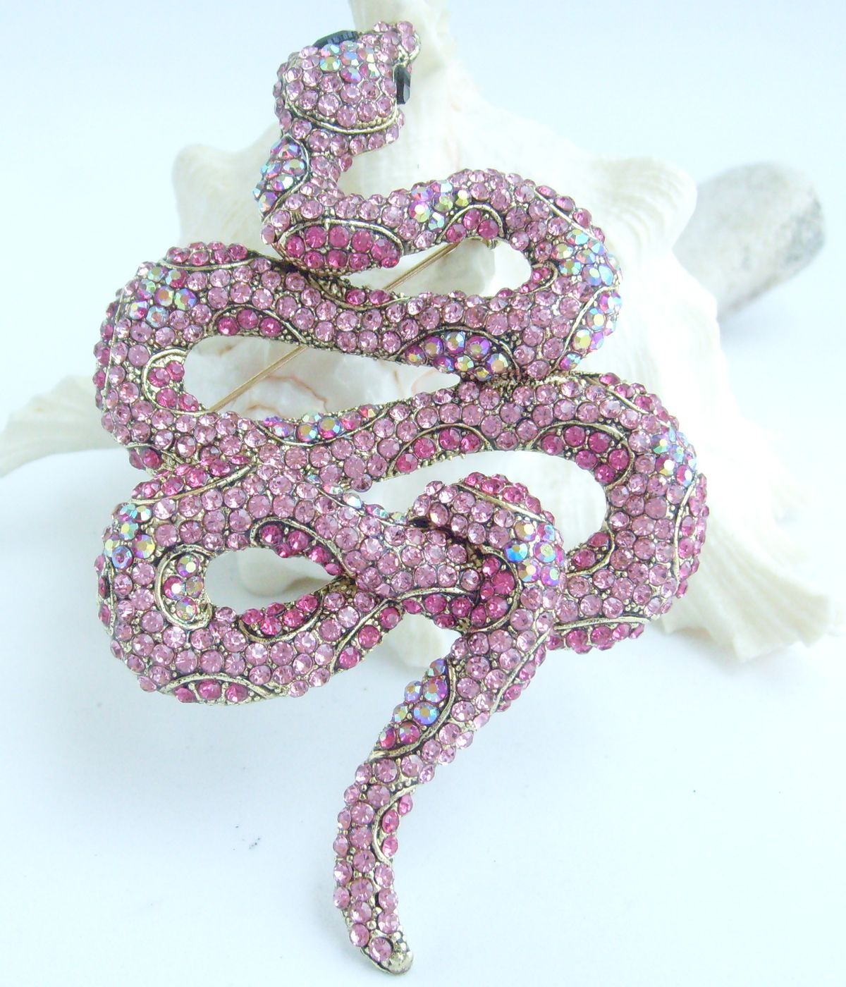 Unique 3.94″ Pink Rhinestone Crystal Snake Animal Brooch Pin Pendant 05847C7