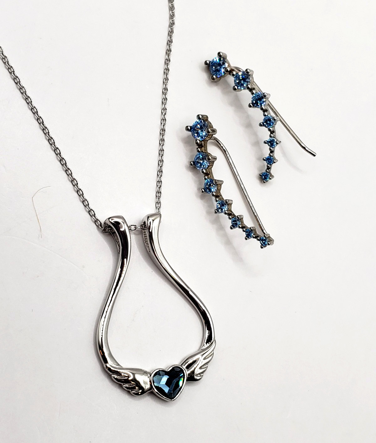 925 Sterling Silver Heaven Angel Wings Blue Arch Necklace & Earrings