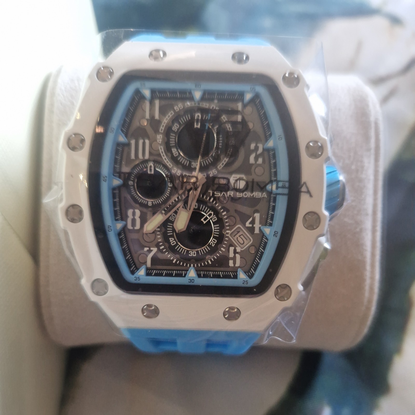 Tsar Bomba Elemental Chrono Watch Men 45mm Skeleton Dial White Blue TB8204B