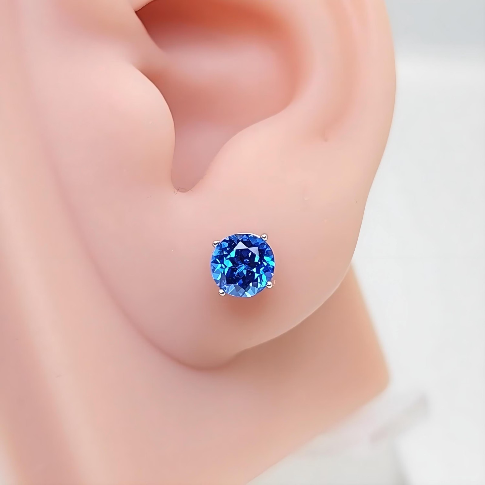 Cobalt Sapphire Earrings Hydrothermal Lab-Grown 925 Sterling Silver Stud, 1 Pair