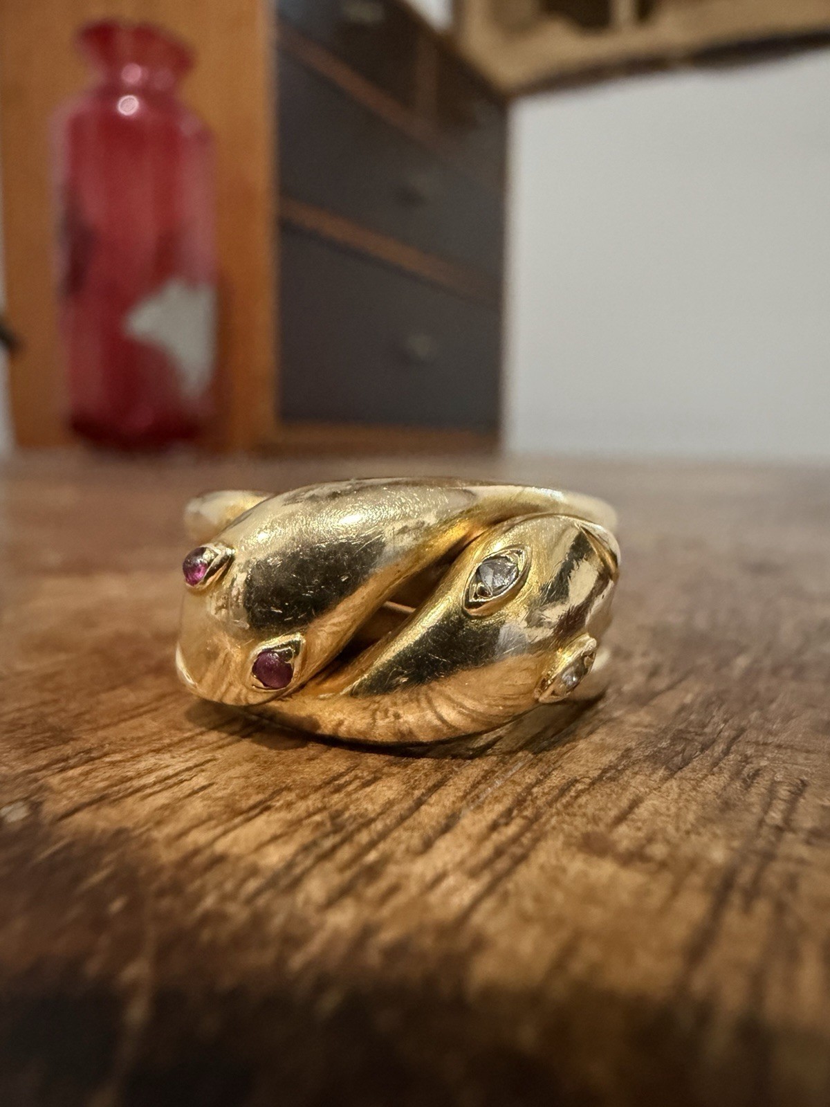 Antique Rare Victorian 18K Yellow Gold Diamond & Ruby Snake Ring
