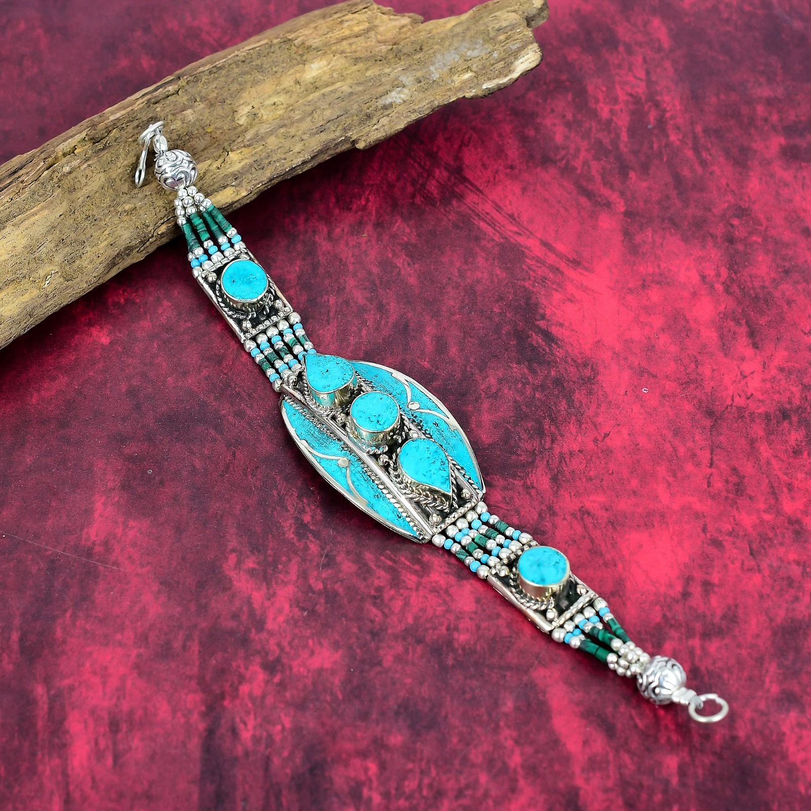 Blue Turquoise Gemstone Handmade 925 Sterling Silver Jewelry Nepali Bracelet