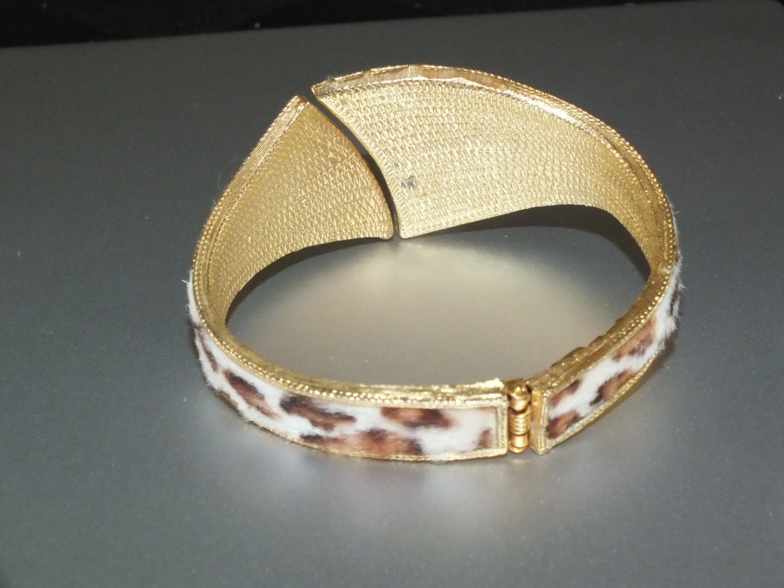 Vintage BSK faux fur ? curved BRACELET CUFF BANGLE gold WHITE BROWN BLACK SPOTS