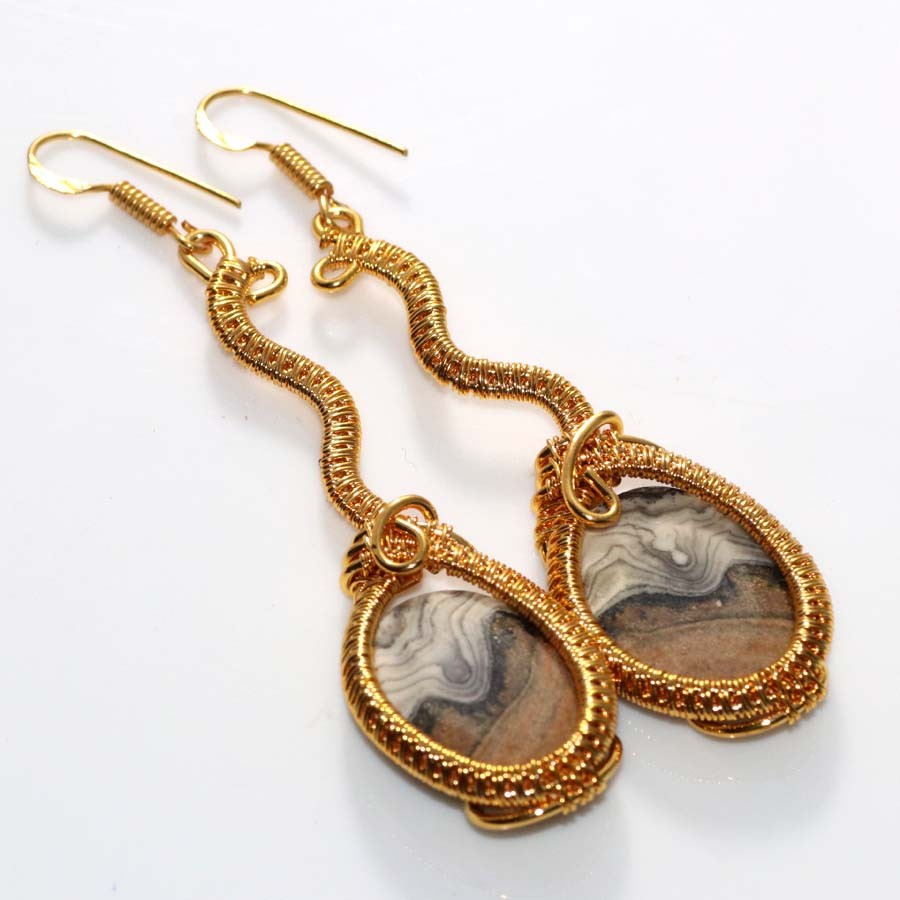Golden Wire-Wrapped Zebra Calcite Earrings 3.2″ Unique Daily Wear Gift Trendy JW