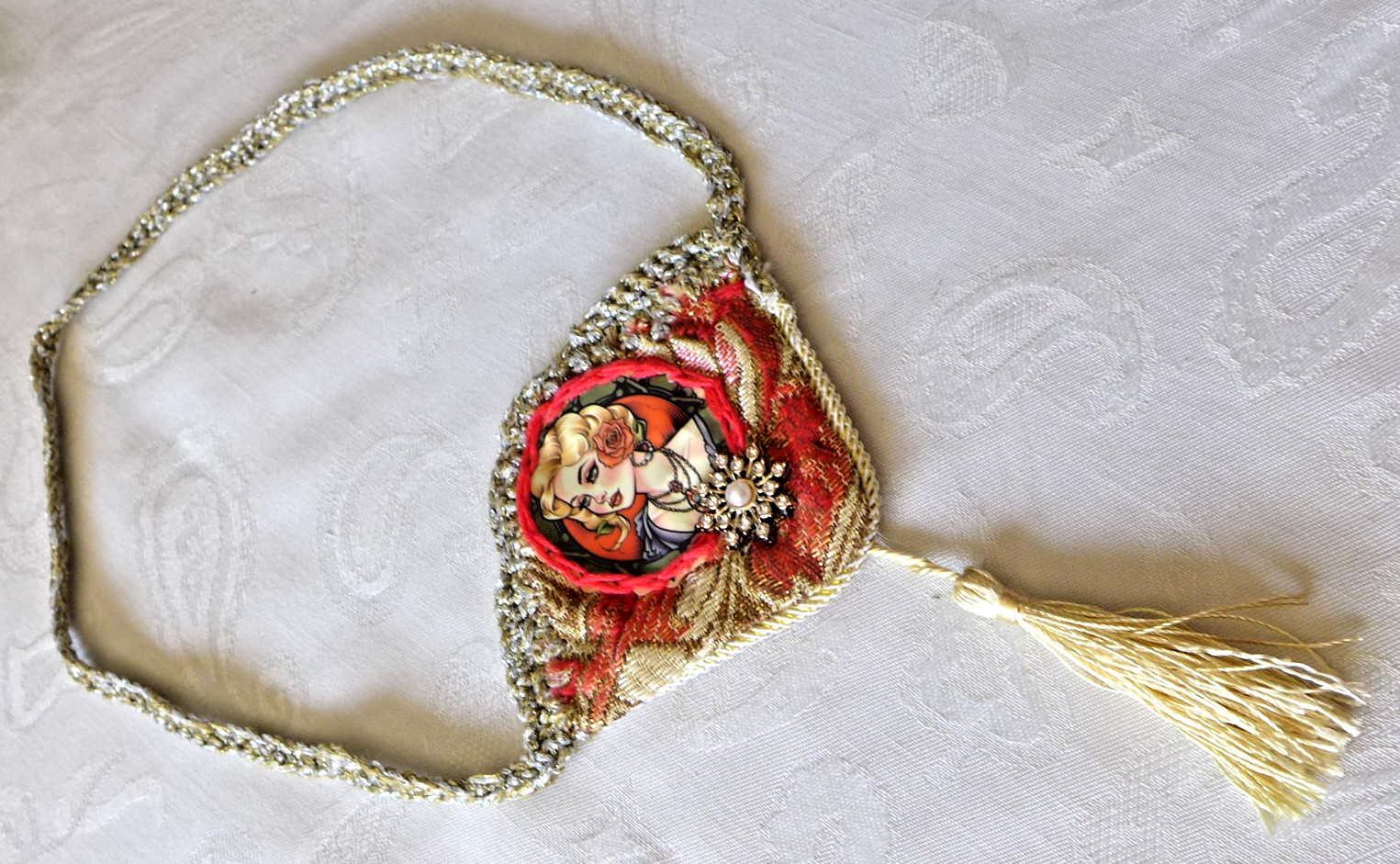 Handmade Crocheted art Necklace Cotton Fabric embroidered crocheted+ Beads
