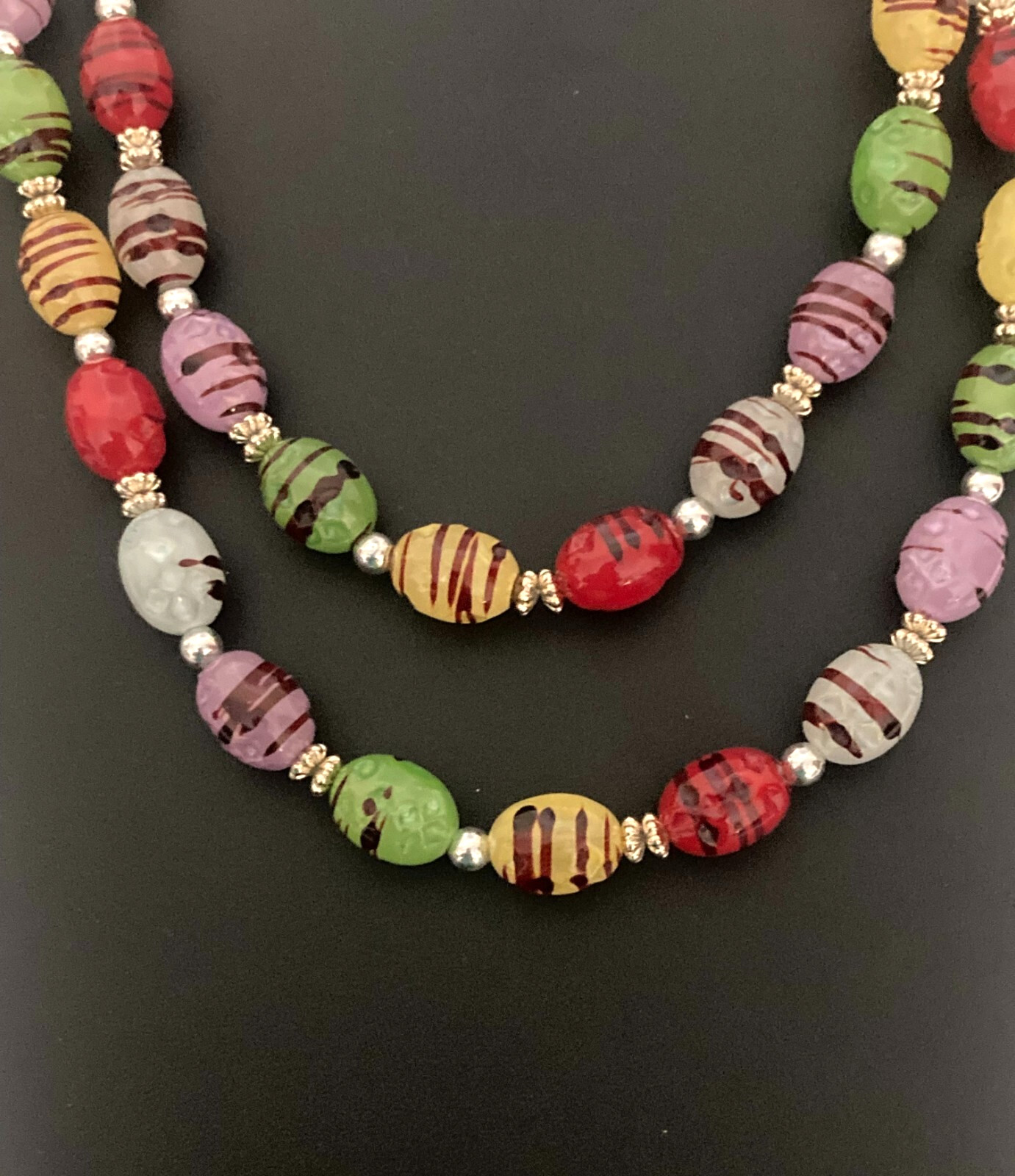 Vintage Lucite Candy Bead Necklace Multi Color Striped Silver Tone 36″ Boho