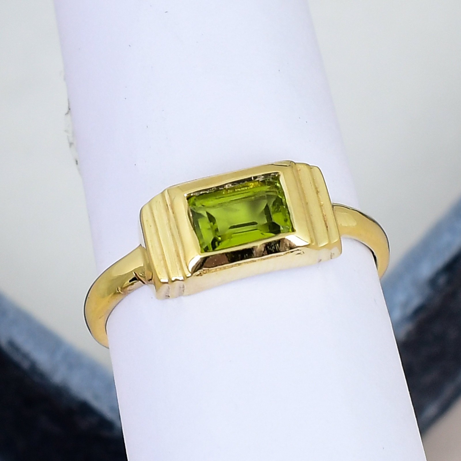 Peridot Ring 18K Gold Plated 4x6mm Baguette Gemstone Signet Style Ring Gift