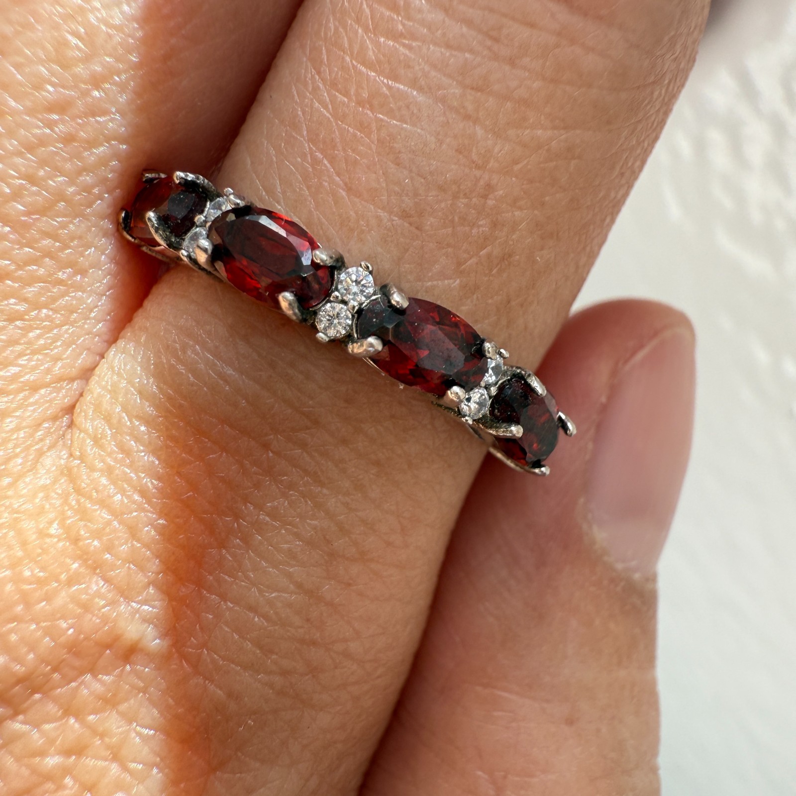925 Sterling Silver Ring 5x3mm Natural Rhodolite Garnet Gemstone Zircon Beaded