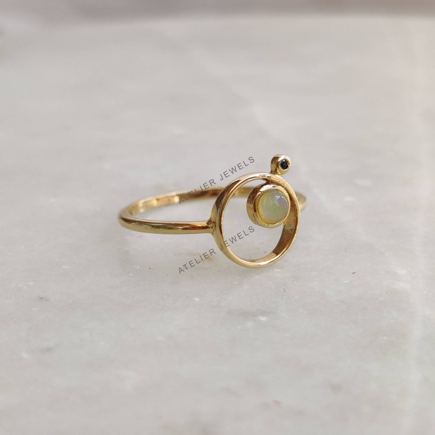 0.11 Ct Natural Opal Sapphire Band Ring 14K Gold Minimalist Birthstone Design