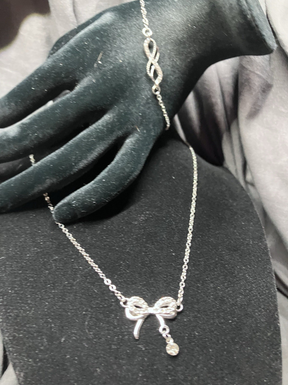 Womens stainless steel cz double bow necklace with infinity cz anklet/bracelet