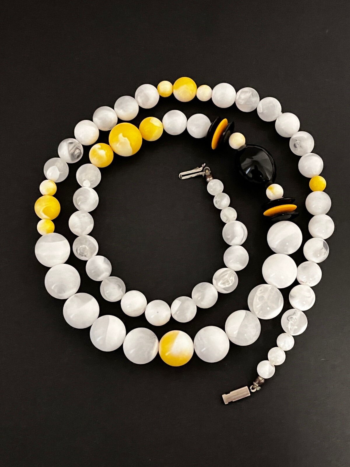 Vintage 1970’s Black Yellow White Clear Lucite Bead Necklace 31” Long