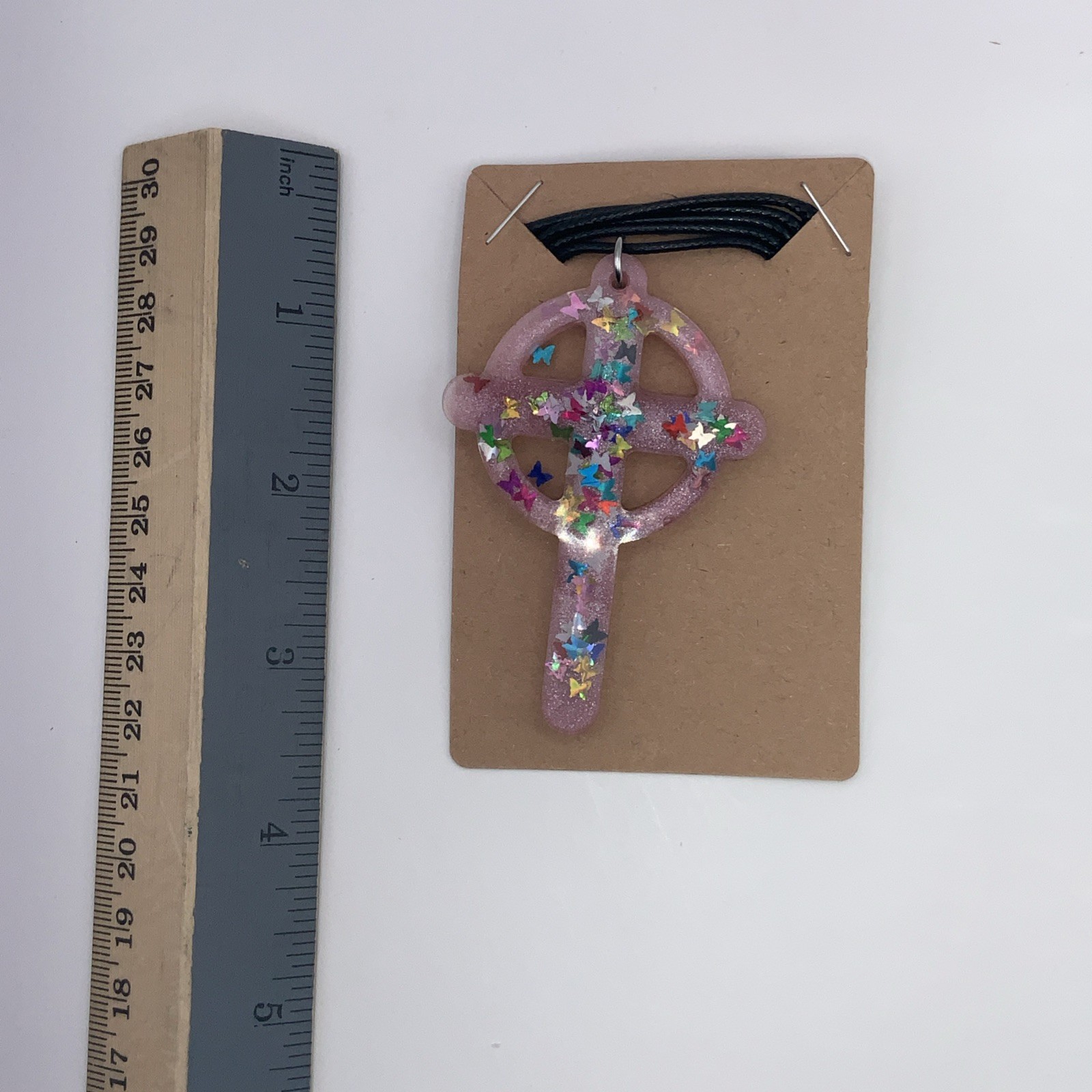 House Of David Handmade Cross Necklace Pink Butterflies