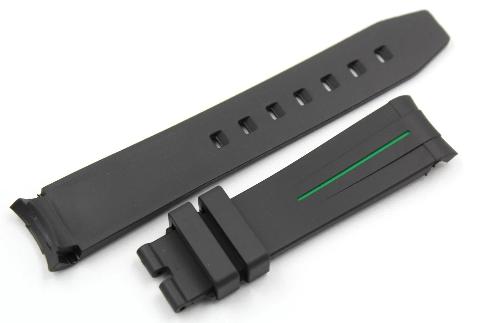 Black TPU Silicone Strap Green Strip 20/18mm Curved Handle Hypoallergenic New