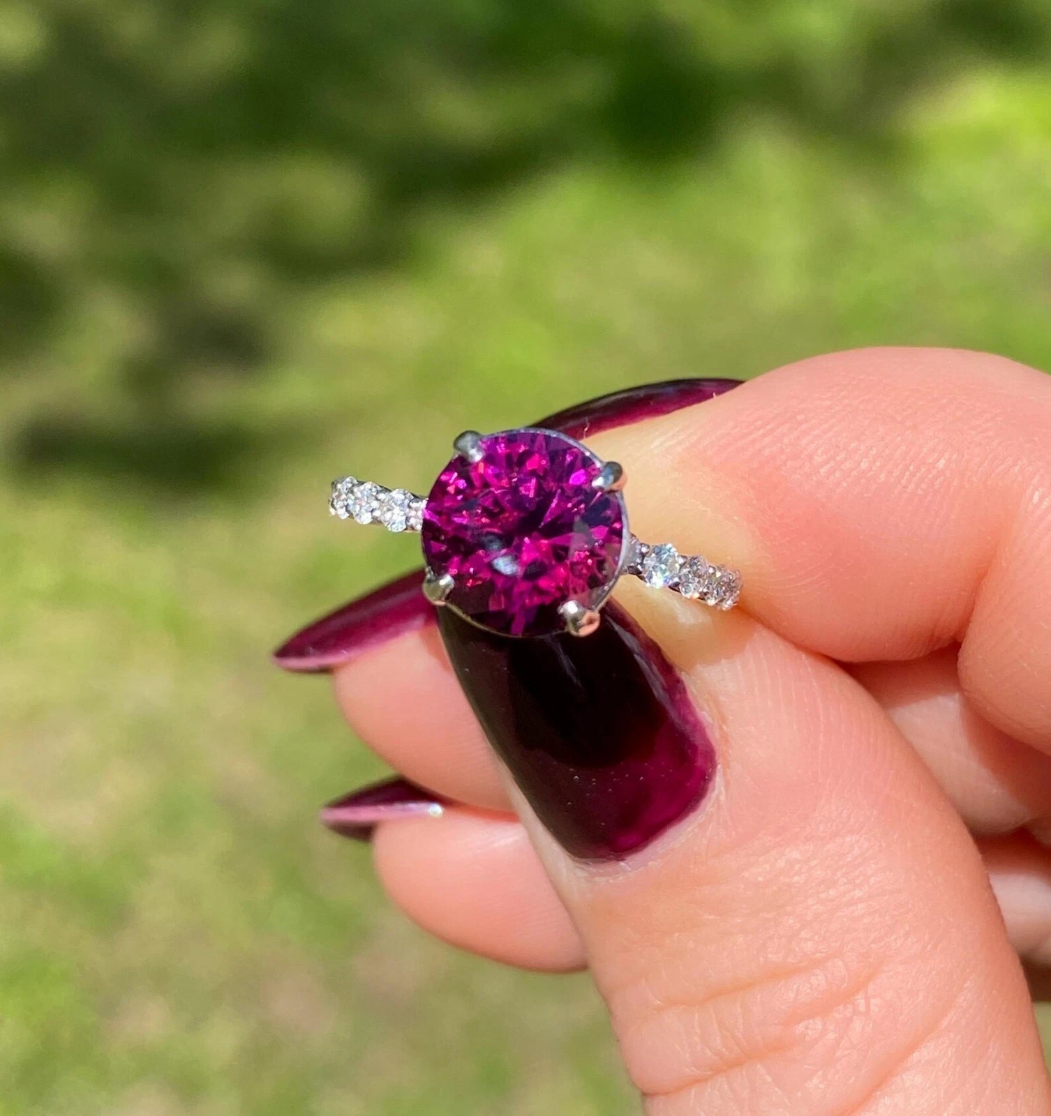 2.73Ct Round Natural Rhodolite Diamond Bridal Wedding Ring 950 Platinum Size 6 7