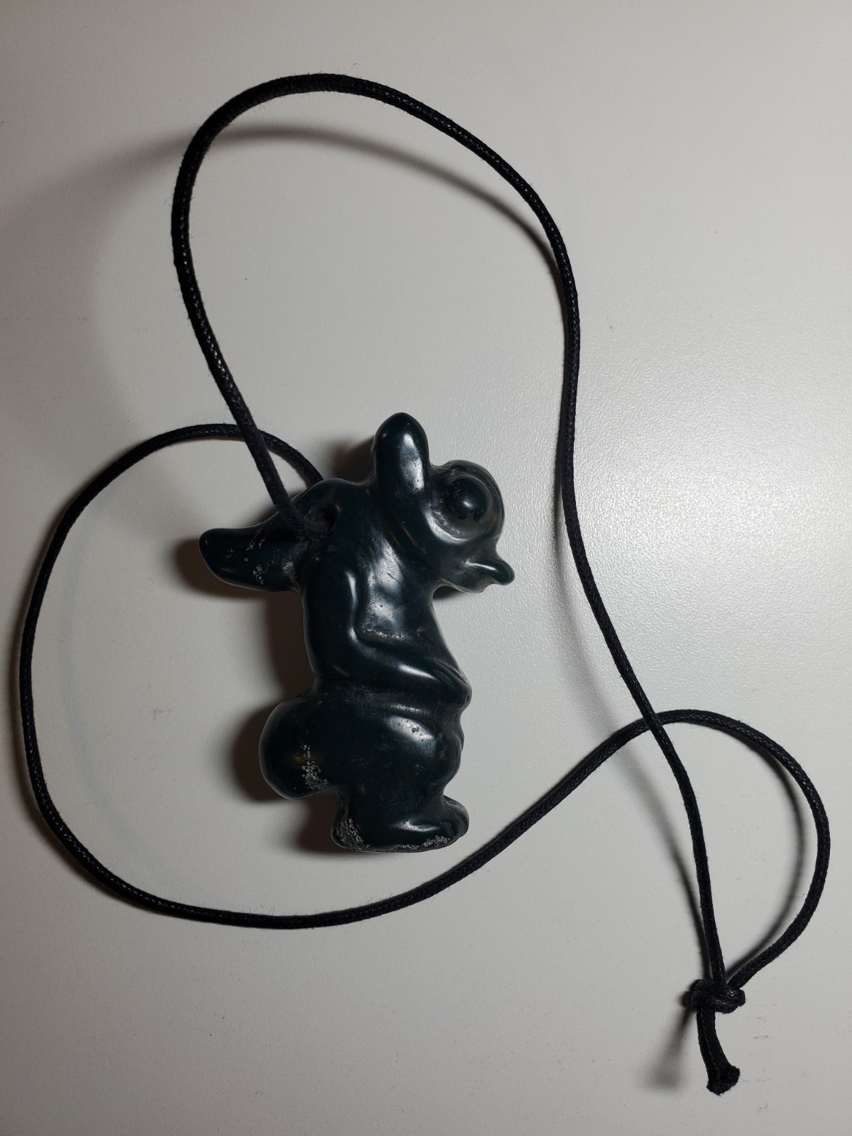 Large Dark Green Stone Winged Horns Amulet Figure Alien Necklace Strange Carving