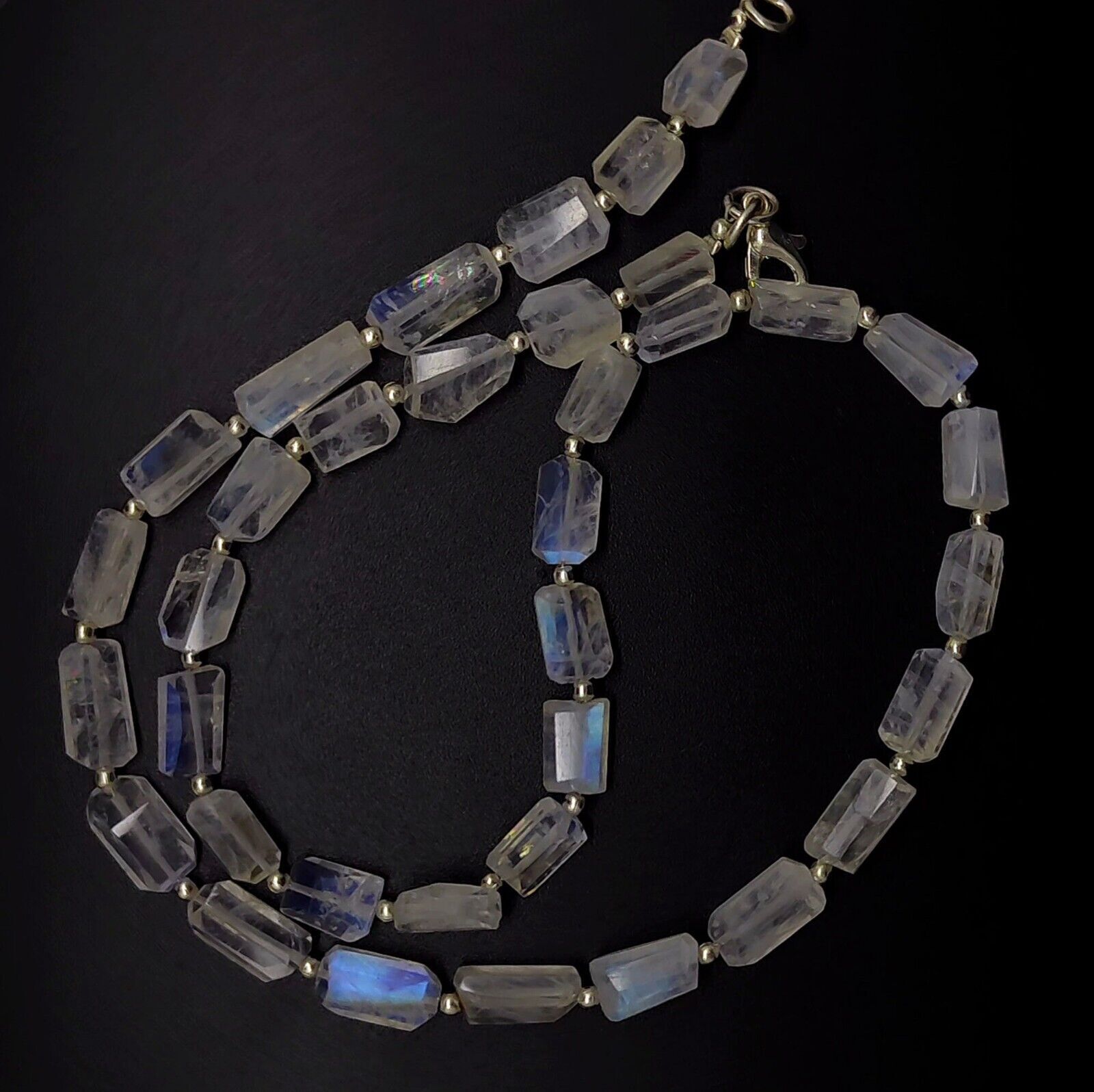 Blue Fire Rainbow Moonstone Gem 8 to 10mm Size Faceted Nugget Beads Necklace 17″