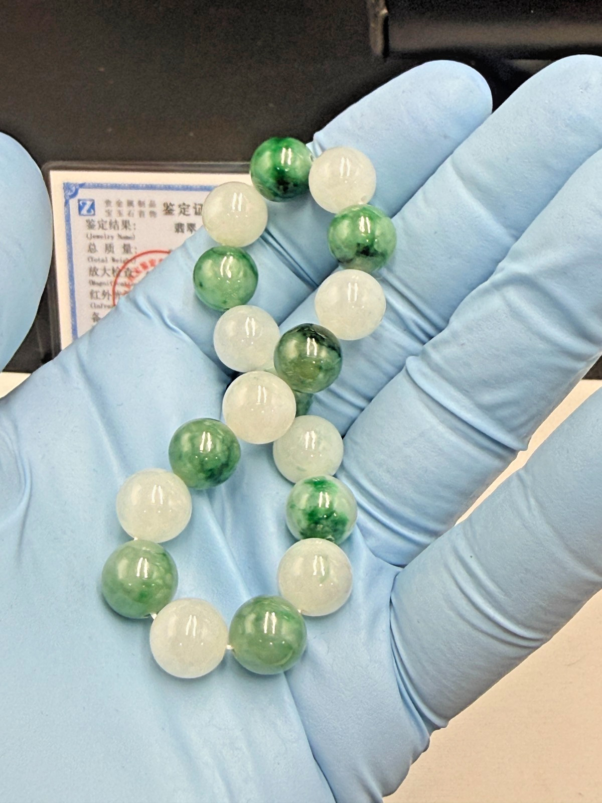 Certified Natural Jadeite Jade Beaded Bracelet ICY White Green 10.8 mm #100151