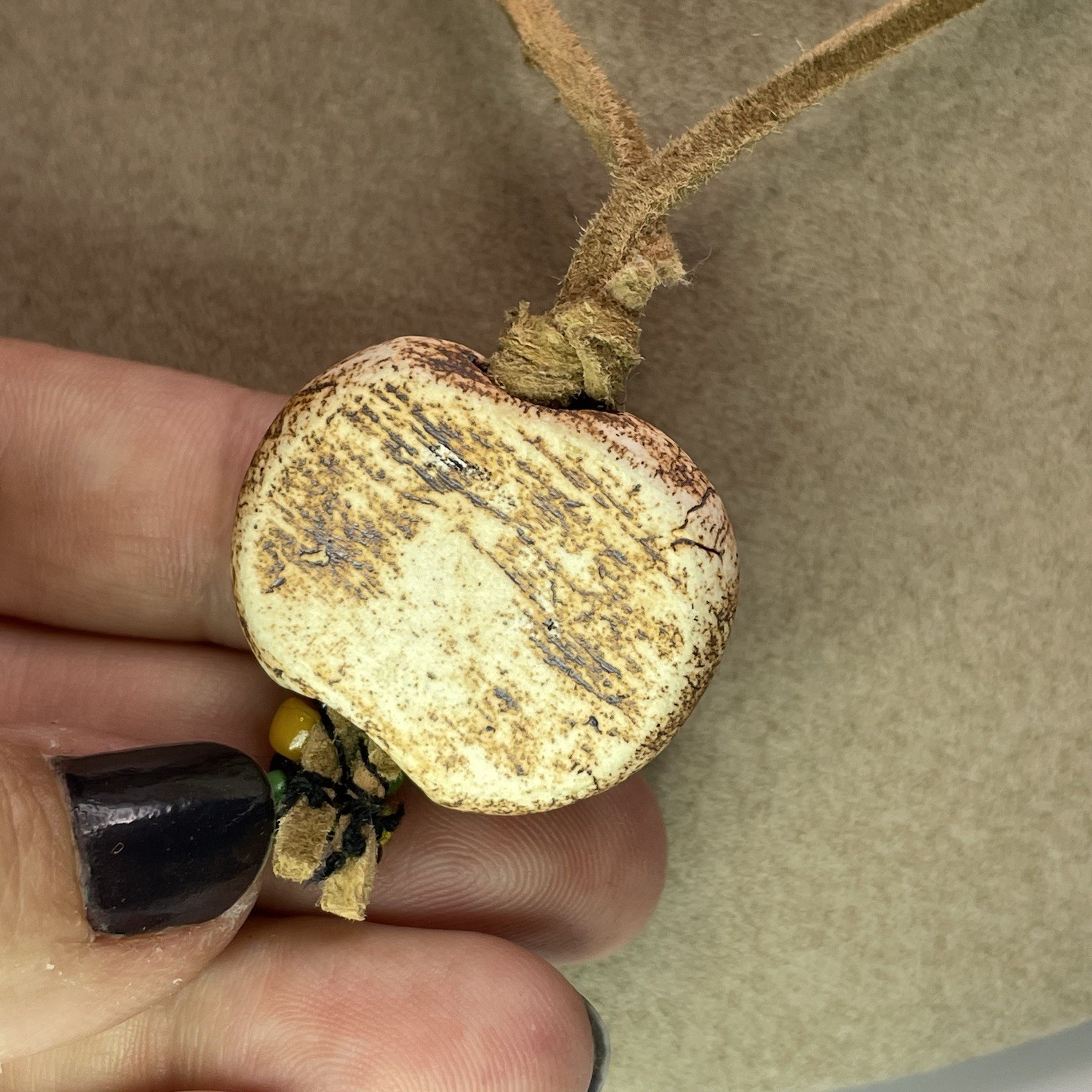 1970s Vintage Cermic Charm necklace Glass Beads Leather Cord Approx 24” Handmade