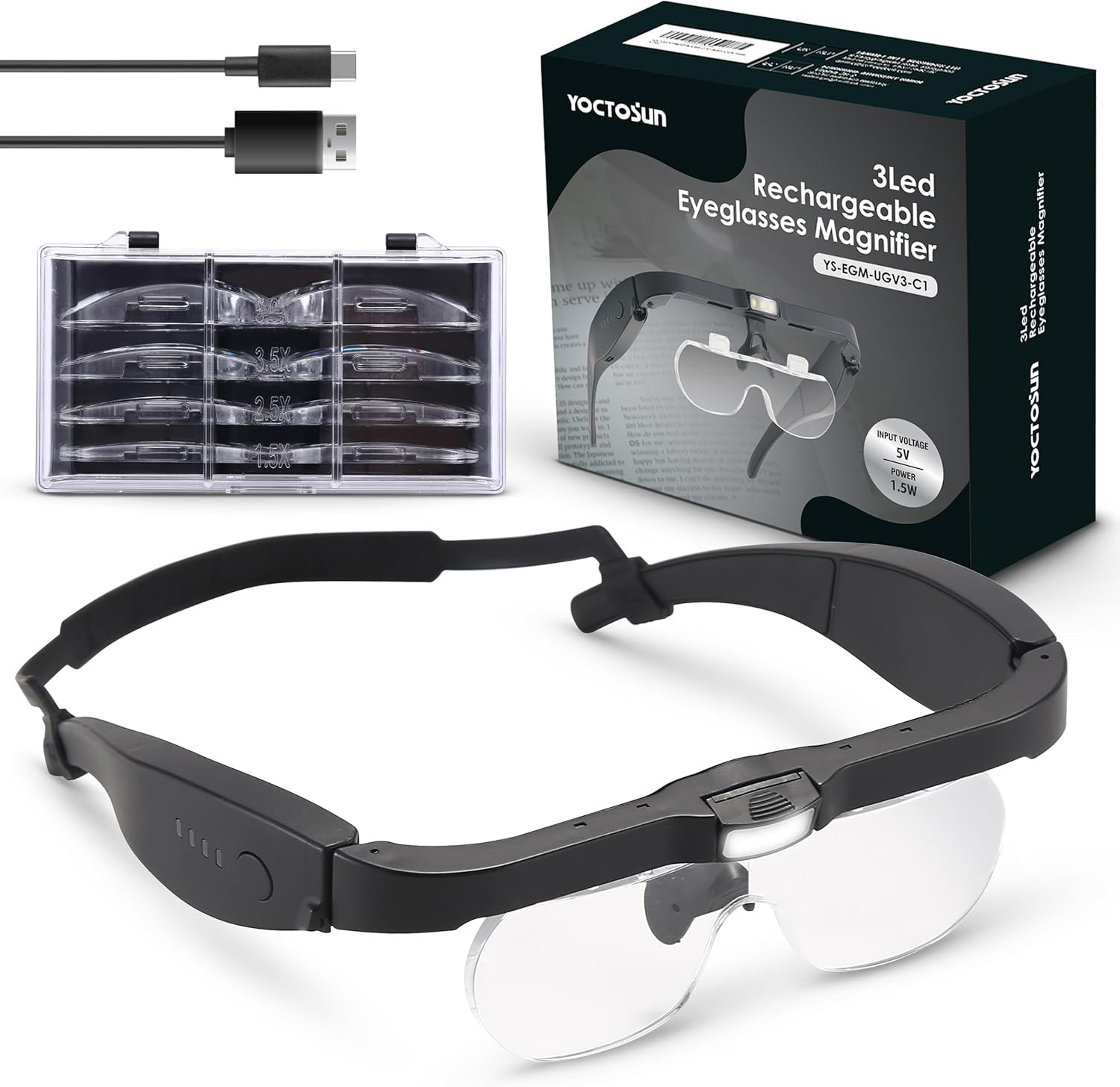 YOCTOSUN Magnifying Glasses with Light, Rechargeable Head Magnifier Glasses with