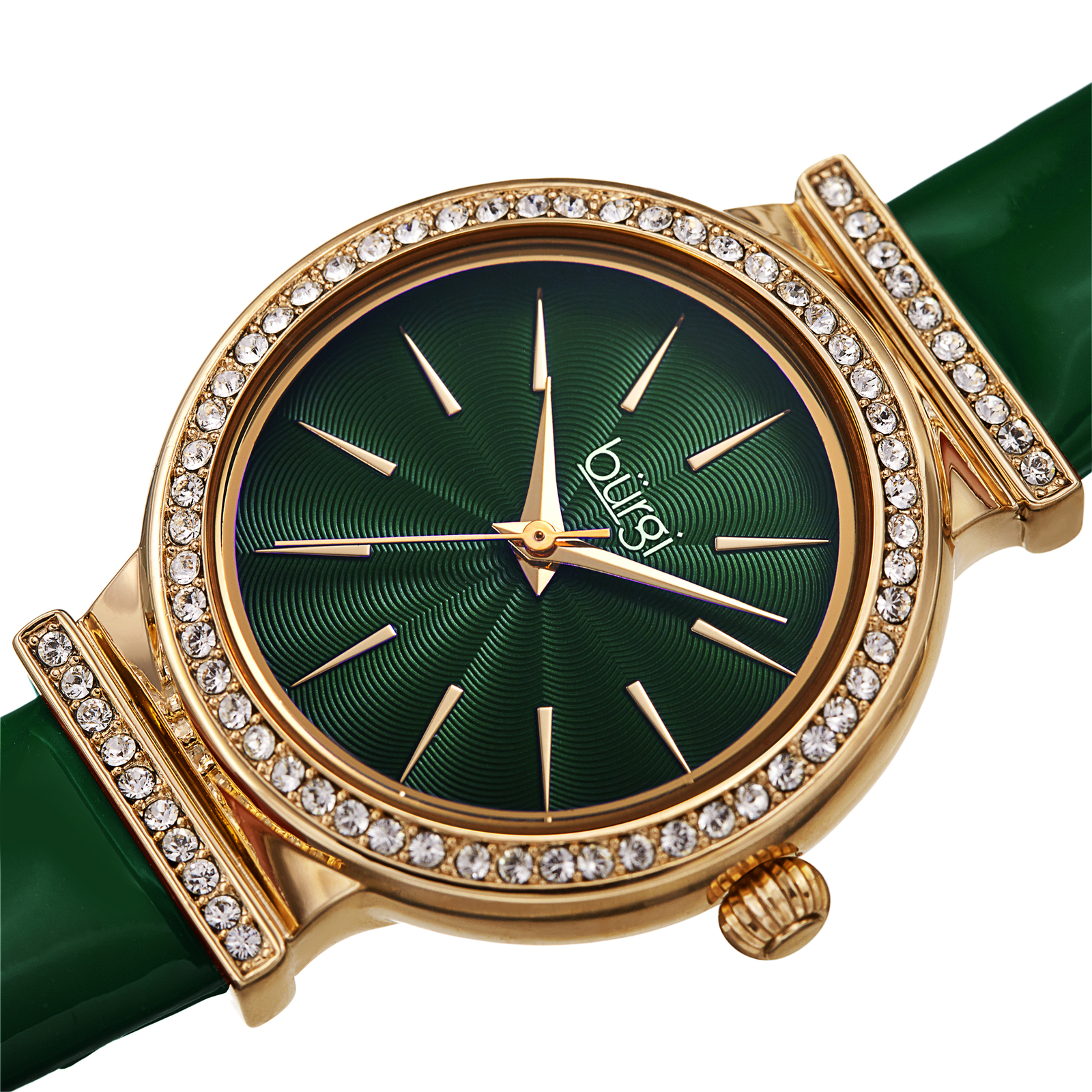 Women’s Burgi BUR230GN Green Swarovski Crystal Guilloche Leather Strap Watch