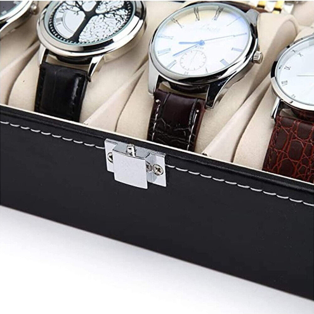 Mens Watch Box Display Case Storage Organiser PU Leather Holder Glass Top Gift