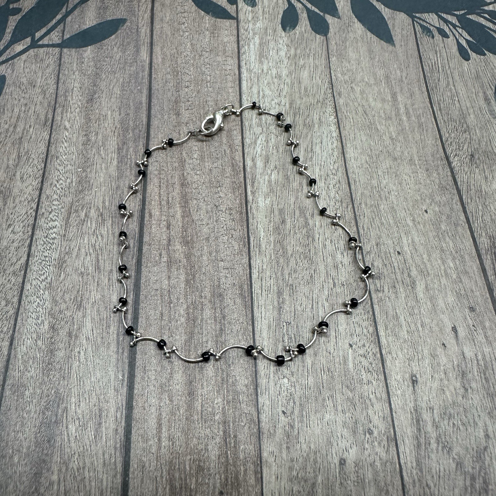 Silver Black Bead Curve Link Anklet 9.5 In B9