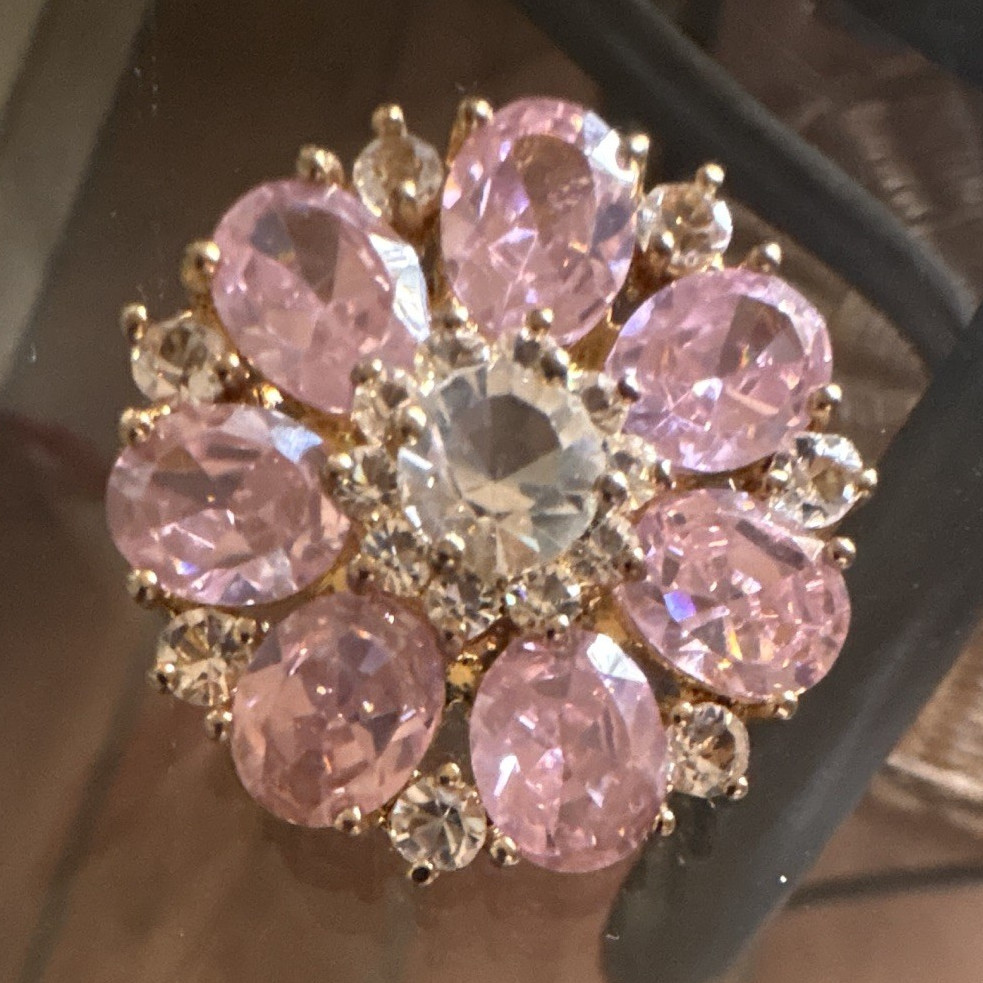Pink & Clear Rhinestone Flower Cluster Brooch Pin, Prong Set, Gold Tone 1950s