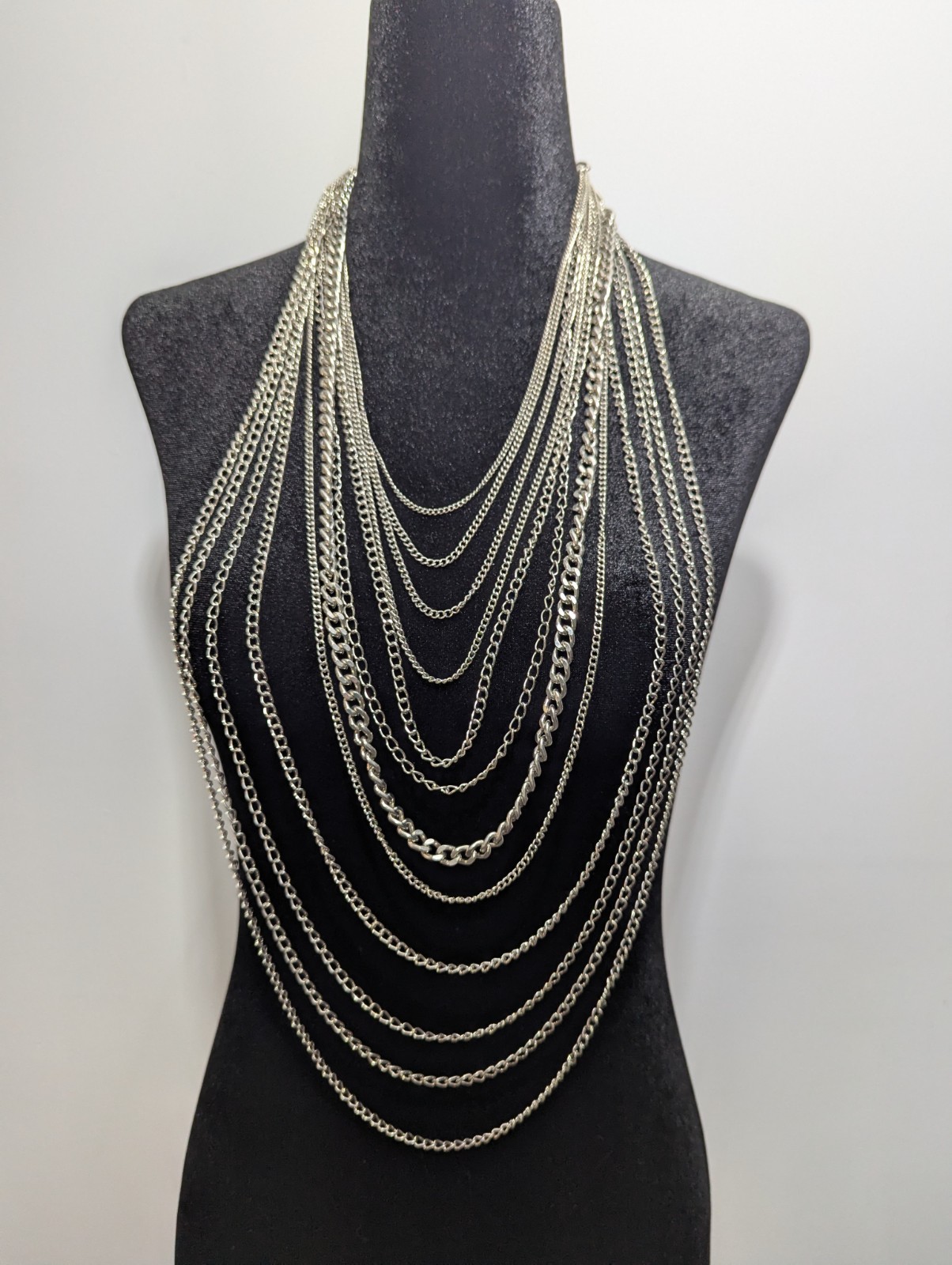Silver-Toned 12 Strand Multiple Chain Types Necklace Unbranded Unmarked Costume