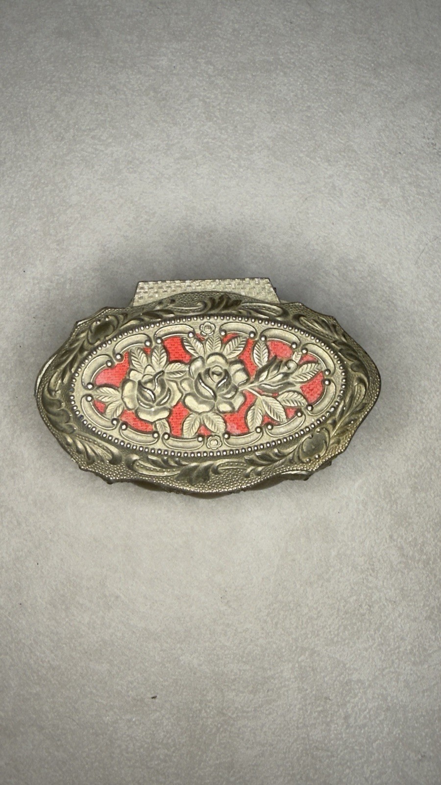 Vintage Japan Rose Trinket Box Metal Jewelry Ring Box Red Velvet Lined Hinged